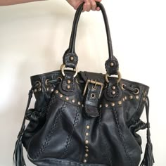 Studded Gold Detail With Black Leather Bag. Tassel Detail With Pockets And Large Buckle. Black Vintage Bag, Isabella Fiore Bag, Gothic Handbag, 2025 Wardrobe, Studded Leather Bag, Rad Clothes, Gothic Bag, Large Leather Bag, Embroidered Tote Bag