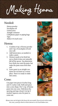 the recipe for making henna is shown in this brochure, with instructions