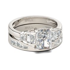 an engagement ring with three princess cut diamonds