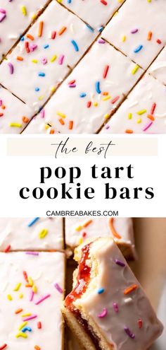 the best pop tart cookie bars with white frosting and sprinkles