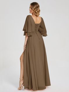 Giselle V-neck Half Sleeves Slit Bridesmaid Dress Brown Spring Dresses, Ink Blue Bridesmaid Dresses, Wisteria Bridesmaid Dresses, Mom Wedding Dress, Full Maxi Skirt, Olive Green Dresses, Mob Dresses, Mother Of The Bride Dress, Chiffon Ruffle