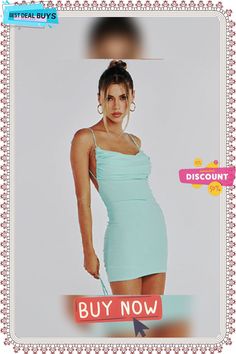 a woman in a short blue dress with the words buy now on it and an ad for