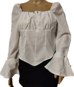 Ladies white cotton blouse pull over Size Small  chest 36" waist 32"    Front Tapered Length 17" - 21" Back 11.5" Long Sleeve Costume Tops For Fall, Fitted White Peasant Top With Ruffles, Cotton Long Sleeve Costume Top, Fitted Gothic Blouse For Summer, Gothic Long Sleeve Top For Summer, Fitted Peasant Top With Ruffles For Fall, White Fitted Top For Costume Party, White Gothic Top For Summer, Fitted Cotton Peasant Top With Ruffles