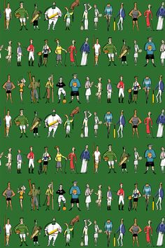 an image of many people in different outfits on a green background, all holding surfboards and paddles