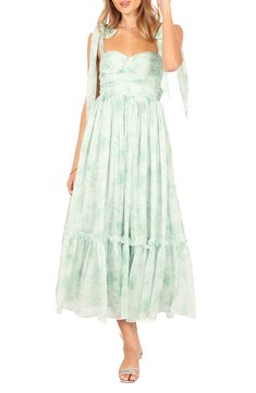 Graceful ties sway from the straps on this ethereal midi dress showcasing a gathered bodice and an open back. Back zip closure Sweetheart neck Adjustable tie straps Lined 100% polyester Hand wash, line dry Imported White And Green Dress, Pastel Green Dress, Gathered Bodice, Bachelorette Dress, Fragrance Design, Sweetheart Neck, Dance Dresses, Nordstrom Dresses, Guest Dresses