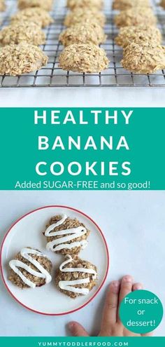 healthy banana cookies with white icing on a plate next to a cooling rack full of cookies