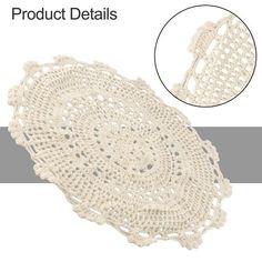 an image of crocheted doily with the text product details above it and below