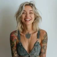 a woman with tattoos standing in front of a white wall and smiling at the camera