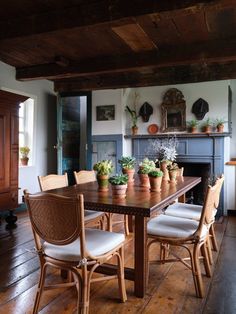 a dining room table with chairs and potted plants on top of it in front of a fireplace