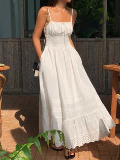 Embroidery Shift Shirred Long Dress White Long Maxi Dress, Aesthetic Summer Dresses Long, Shirred Wedding Dress, White Cotton Sundress, Long Cotton Dress Outfit, Cottage White Dress, Cotton Core Aesthetic, White Linen Dresses For Women, White Italian Dress