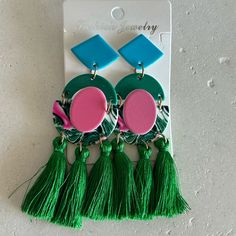 New Geometric Colorful Fringe Earrings Green, Pink, & Blue Trendy Green Dangle Tassel Earrings, Trendy Green Tassel Dangle Earrings, Trendy Green Tassel Drop Earrings, Trendy Green Tassel Earrings, Vibrant Green Dangle Earrings, Playful Green Earrings For Parties, Playful Green Earrings For Party, Green Dangle Earrings With Fun Style, Trendy Pink Dangle Tassel Earrings