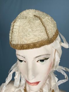 Vintage Women's Hat 1910-1915, Europe. Its style is coarse, "stocking". The hat was worn tight on the head and repeated the shape of the head. Beautiful hat!  The wife of Nicholas II, Alexandra Feodorovna, wore the same.  Mesh embroidery. White and gold glass beads.  In good condition, the beads do not fade. Victorian Fitted Hats For Costumes, Victorian Fitted Costume Hats, Victorian Style Fitted Costume Hats, Fitted Gatsby Hat With Curved Brim, Vintage Short Brim Top Hat For Costume, Vintage Winter Hat, One Size, Fitted Flapper Cloche Hat With Brim, Vintage One-size Winter Hat, Vintage One Size Winter Hat