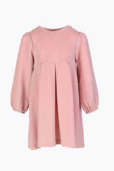 The Brielle Dress effortlessly combines comfort and sparkle, ensuring your little one shines bright all season long. This dress features a soft pink hue with a subtle shimmer, making it perfect for festive gatherings and special occasions. Designed with a classic silhouette, it has a gently pleated front and elegant long sleeves that add just the right amount of warmth and style. FEEL: (53% Polyester, 19% Rayon, 22% Silver Thread, 6% Spandex) This new DL fabric is an instant favorite! With a shi Long Sleeve Shimmer Dress For Spring, Elegant Pink Fitted Holiday Dress, Pink Long Sleeve Dresses For Holidays, Elegant Fall Dresses For Dress-up Occasions, Pink Holiday Dress For Dress-up, Pink Holiday Dress For Dress-up Occasions, Elegant Pink Winter Dress, Elegant Pink Dress For Winter, Pink Dress For Dress-up Occasions In Fall