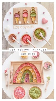 two pictures of different food items on a table with the words diy sensory puzzles and rice