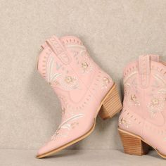 Introducing Our Corral Botanical Embroidered Cowgirl Booties! These Light Pink Booties Are Cute, Playful, And Perfect For Any Cowgirl Looking To Add A Touch Of Whimsy To Their Outfit. Let These Booties Be Your Go-To Statement Piece. Yee-Haw! True To Size Pink Cowgirl Boots, Pink Booties, Cowgirl Look, Pink Cowgirl, Yee Haw, Cowgirl Boots, Quince, Pink Red, Nike Shoes