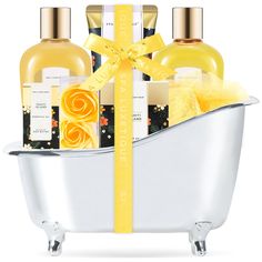 PRICES MAY VARY. Nourishing Bath Set: Our bath spa gift basket is formulated with natural ingredients that help to nourish the skin and lock in moisture, relaxing the body Bubble Bath for Women: Extracted from heavenly tropical flowers, this warm and sweet fragrance invites in the tropical aromatic ambiance of a Tahitian Island breeze Home Spa Set: Our beautiful bath set includes shower gel, bubble bath, body lotion, bath salt, essential oil, bath puff, silver bathtub, 3 soap petals Versatile Ba Silver Bathtub, Soap Petals, Spa Gift Baskets, Spa Basket, Womens Gifts, Island Breeze, Gift Baskets For Women, Sweet Fragrance, Yellow Gifts