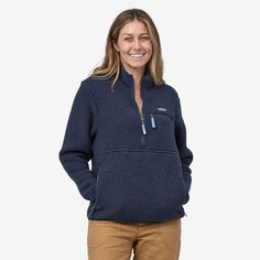 One of the comfiest styles is now made in one of our comfiest fabrics. The Retro Pile Marsupial, made with double-sided, high-pile shearling fleece that’s as soft and cozy on the inside as it is on the outside, is perfect for relaxing rest days, campfire nights and primo bouldering conditions. The generous, quarter-length zipper makes pulling it on and off between goes hassle-free. Vislon® zippers finished with grosgrain pulls secure chest and marsupial handwarmer pockets. Easy elastic binding f Patagonia Retro Pile Fleece, Patagonia Retro Pile, Patagonia Style, Patagonia Sweatshirt, Patagonia Retro, Patagonia Fleece Pullover, Patagonia Fleece, Rest Days, Comfy Fashion