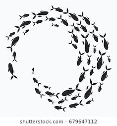 a flock of fish swimming in the ocean or sea on a white background, black and white illustration