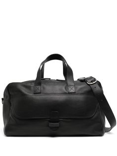 jet black leather pebbled texture two flat top handles top zip fastening front flap pocket adjustable shoulder strap Black Textured Leather Duffle Bag, Black Duffle Bag With Leather Handles For Formal Use, Classic Black Textured Leather Travel Bag, Classic Black Textured Leather Duffle Bag, Black Textured Leather Shoulder Bag For Business Trips, Black Textured Leather Weekender Bag For Travel, Black Leather Duffle Bag With Top Carry Handle, Black Textured Leather Travel Briefcase, Black Textured Leather Satchel For Travel