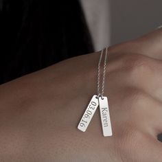 "Bar Name Engraved Necklace is made by hand in our workshop with care. All our jewelry is the most elegant choice for the Bridesmaids, friends, your loved ones and for yourself. Bar Name Engraved Necklace  * Material: High Quality Solid 925 Sterling Silver. * Finish: Sterling Silver ∙ Gold ∙ Rose Gold. HOW TO ORDER ❓ * Select your necklace COLOR. * Choose necklace length from 14\" to 22\". The length option is the TOTAL chain length (including the charm). If you order an 18\" chain, the piece will come as CHAIN + CHARM = 18\".  * Simply you can upload photo via message on Etsy. * Finish your payment and complete your order. PRODUCTION TIME 🕒 All items made to order. Production starts within 12 hours and ships within 24 hours. P A C K A G I N G 📦  All of our jewelry arrives packaged in du Engraved Necklaces With Rectangular Links For Gifts, Sterling Silver Hand Stamped Rectangular Pendant Jewelry, Hand Stamped Rectangular Sterling Silver Necklaces, Hand Stamped Rectangular Pendant Necklace In Sterling Silver, Hand Stamped Sterling Silver Rectangular Necklaces, Hand Stamped Sterling Silver Rectangular Necklace, Silver Oblong Necklaces For Gifts, Silver Oblong Necklace For Gift, Personalized Rectangular Pendant Jewelry