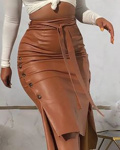 Lasaky - PU Leather Ruched Button Skirt Rok Midi, Slim Fit Skirts, Brown Leather Skirt, Skirt Streetwear, Pu Skirt, Pu Leather Skirt, Bodycon Midi Skirt, Solid Skirt, Party Rock