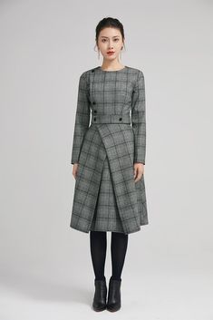 retro winter wool plaid dress with long sleeves 2236 Long Sleeve Wool Dresses For Office, Office Wool Dresses With Long Sleeves, Plaid Long Sleeve Midi Dress For Work, Plaid Midi Dress For Fall Workwear, Wool Long Sleeve Midi Dress For Work, Plaid Long Sleeve Formal Dress, Plaid Long Sleeve Midi Dress For Fall, Long Sleeve Plaid Midi Dress For Fall, Formal Plaid Long Sleeve Dress