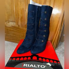 Rialto Blue Suede Heel Boots With Button Detailing. Never Worn Before. Zipper Closure. Size 7.5. Elegant Denim Heels With Round Toe, Chic Blue Heeled Boots For Formal Events, Blue Suede Heels, Classy Shoes, Denim Boots, Knee High Leather Boots, Heel Boots, Blue Suede, Suede Heels