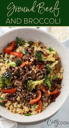 a bowl full of ground beef and broccoli on top of rice in a white bowl