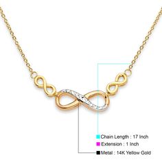 Item Specifications: Metal Type: 14K Two Tone GoldMetal Stamp or Hallmark: 14K Chain Length: 17 InchExtension Length: 1 InchClasp Type: Spring Ring Gold Infinity Necklace, Infinity Necklace Gold, Light Chain, Cz Rings Engagement, Infinity Necklace, Thumb Rings, Selling Jewelry, Spring Rings, Chain Length