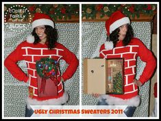 a woman in a red sweater and santa hat holding a box