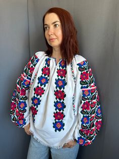 Amazing antique Romanian blouse Interesting design in so expressive colours Extremly much area of embroidery on extremely big sleeves Not usual location of a pattern Also there's embroidery on the  back  Effective one! Great vintage condition  Everything is handmade ! ready to be worn! Will fit for S M L  size   I am 167 cm(65.7) growth and s-m size!  Mention, that every dress has a single copy you will never meet the same Traditional Long Sleeve Shirt With Intricate Embroidery, Folk Style Long Sleeve Top With Embroidered Cuffs, Long Sleeve Embroidered Folk Shirt, Embroidered Long Sleeve Folk Shirt, Traditional Long Sleeve Shirt With Floral Embroidery, Traditional Long Sleeve Top With Embroidered Cuffs, Traditional Long Sleeve Embroidered Top With Embroidered Cuffs, Folk Style Embroidered Long Sleeve Peasant Top, Folk Style Long Sleeve Tops With Motif