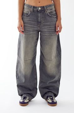 "Find BDG URBAN OUTFITTERS Logan Tinted Wide Leg Jeans on Editorialist. Stand out in these baggy, '90s-inspired jeans cut from tinted nonstretch denim and belted at the back waist to adjust the relaxed fit. 30\" inseam; 18\" leg opening; 12\" front rise; 14\" back rise (size 29) Exclusive retailer Zip fly with button closure Five-pocket style 100% cotton Machine wash, line dry Made in Turkey" Jnco Jeans Aesthetic, Baggy Acid Wash Jeans, Grey Baggy Pants, Super Baggy Jeans, Baggie Jeans, Womens Winter Pants, Thrift Fits, Baggy Ripped Jeans, 90s Pants