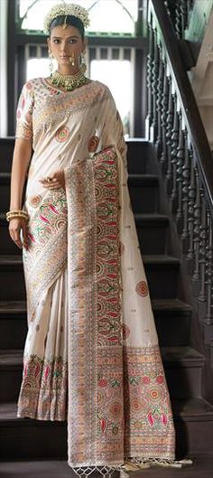 White and Off White color Saree in Silk fabric with Weaving work White Traditional Wear For Marriage, White Traditional Wear For Marriage And Festivals, White Resham Embroidered Dupatta For Marriage, White Traditional Drape Wear For Marriage, White Traditional Drape For Marriage, Fitted White Art Silk Embroidered Fabric, Elegant White Dupatta For Marriage, White Traditional Wear For Wedding And Festivals, Traditional White Wear For Wedding And Festivals