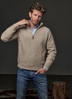 Men's Aalborg Cable Quarter Zip Cashmere Sweater in Light Taupe Tan Cashmere Sweater Outfit, Turtleneck Hoodie, Perfect White Shirt, Yarn Twist, Unique Sweater, Elevated Casual, Aran Sweater, Unique Sweaters, Hoodie Cardigan