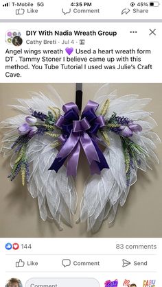 an image of a wreath with purple and white ribbons on the front, and another photo of a wreath with purple and white feathers on the back