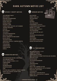 the dark autumn movie list is shown in black and white, with skulls on it