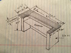 a drawing of a wooden desk with measurements on the top and bottom side, in pencil