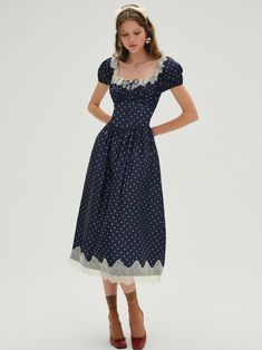 Designed for holiday dinners and well beyond, the Ins blue midi dress is sure to charm with its sweet polka dots. Featuring a ruched bodice with puff sleeves, this satin dress is adorned with intricate lace trims and a rosette at the neckline. Midi Dress Blue, Holiday Dinners, Winter Dress Outfits, Navy Midi Dress, Lace Trims, Ruched Bodice, Wedding Lingerie, Blue Midi Dress, Satin Dress