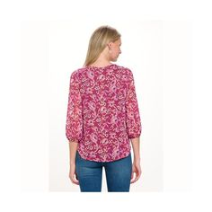 The Catalina Faux-button Front Pull-on Blouse offers a chic and sophisticated look. With its v-neckline, faux-button front, and three quarter sleeves, this top is perfect for any occasion. Made with a lightweight and soft Georgette fabric, it provides both style and comfort. Elevate your wardrobe with this versatile blouse. Partially lined for coverage. Material: Shell & Lining: 100% Polyester. Machine washable Tie Front Blouse, Georgette Fabric, Floral Color, Hem Top, Hem Style, Collar Top, Pink Blouse, Striped Blouse, Shop Blouses