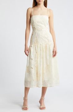 A flounce hem adds contemporary intrigue to an embroidered-eyelet midi dress fashioned with adjustable straps for comfortable wear. 42" center front (size medium) Slips on over head Square neck Adjustable straps Lined 100% polyester Hand wash, dry flat Imported Sleeveless Floral Embroidery Midi Dress For Daywear, Fitted Eyelet Midi Dress For Daywear, Sleeveless Midi Dress With Floral Embroidery For Daywear, Spring Brunch Eyelet Dress, Fitted Eyelet Dress, Midi Length, Spring A-line Dress With Cutwork Hem, Fitted Eyelet Dress Midi Length, Fitted Eyelet Midi Dress, Sleeveless Eyelet Dress For Spring