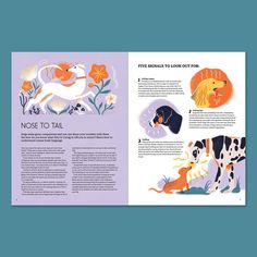 an illustrated book with pictures of dogs and flowers on the page, which includes information about how to take care of your dog