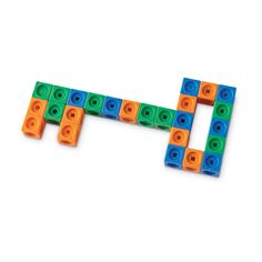 an orange, blue and green toy block set on a white background with the letter h