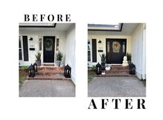 before and after photos of a front porch with brick steps leading up to the door