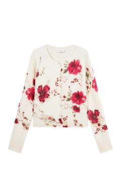 Digital rose print design Round neckline Long sleeves Button closure Ribbed trim Regular fitComposition: 32% Alpaca, 32% Wool, 30% Nylon, 6% Elastane Beige Skin, Spirit Board, Peony Print, Cardigan Design, Red Cardigan, Shades Of Beige, Printed Cardigan, Printed Sweater, Work Attire