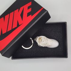 Mini Nike Air Jordan Keychain Keyring With Box And Bag White 2" Long 3-D Plastic Rectangular White Keychains, White Rectangular Keychain Gift, White Rectangular Keychains For Gifts, White Rectangular Keychain For Gift, Jordan Keychain, Mini Nike, Plastic Signs, White Bag, Hard Plastic