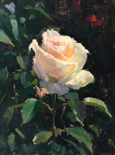 a painting of a white rose with green leaves