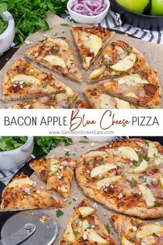 the bacon apple blue cheese pizza is cut into slices