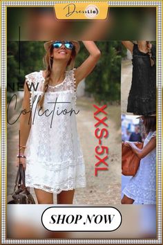 Fashion Summer Dress Sexy Women Casual Sleeveless Beach Short Dress Tassel Solid White Mini Lace Dress Plus Size Sleeveless Party Dress For Vacation, Sleeveless Mini Dress As Beach Cover-up For Summer, Sleeveless Mini Dress For Beach Cover-up In Summer, Sleeveless Mini Dress For Summer Beach Cover-up, Sleeveless Beach Dress For Party Vacation, Bohemian Sleeveless Mini Dress For Summer, White Summer Dresses With Fringe, Spring Lace Dress For Beach Party, Bohemian Beach Sleeveless Mini Dress