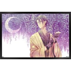 an anime character is standing in front of a purple background with the moon and stars