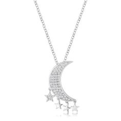 This pretty crescent moon pendant necklace is so on trend and will look great with practically any outfit. The chain is 16” plus a 2” extender. The moon is about 3/4” in length. This is plated with rhodium to help retain its beauty. The CZ crystals have a nice sparkle. This is a wonderful quality item that will look great alone or layered with other chains. It must be seen in person to appreciate just how pretty it is! Diamond Moon Necklace, Moon And Stars Necklace, Stars Necklace, Crescent Moon Pendant, Celestial Necklace, Star Pendant Necklace, Moon Pendant Necklace, Crescent Moon Necklace, Cz Pendant